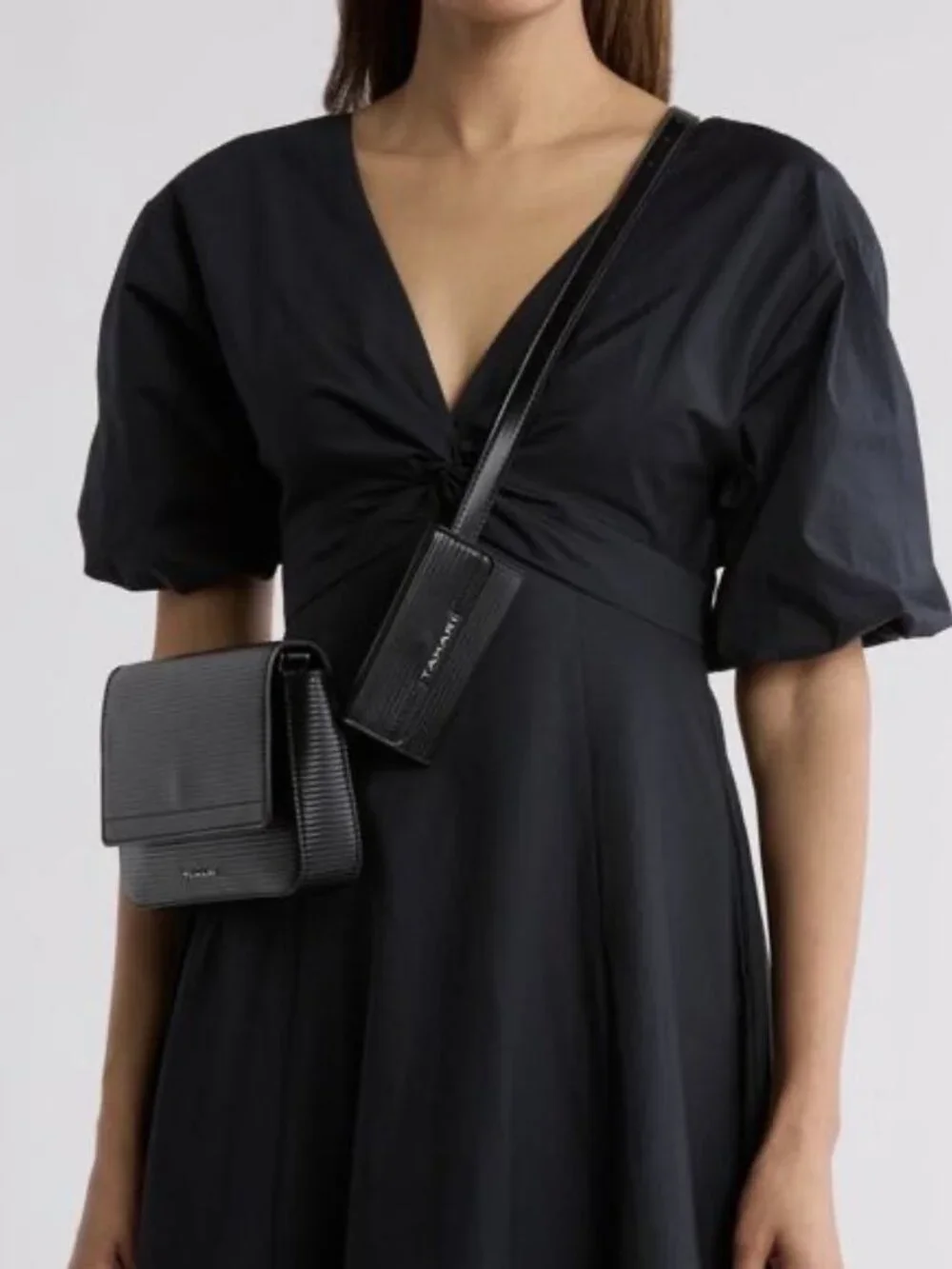 Tahari Essex St Sling Bag Small Black Emboss Stripe Faux Leather Belt