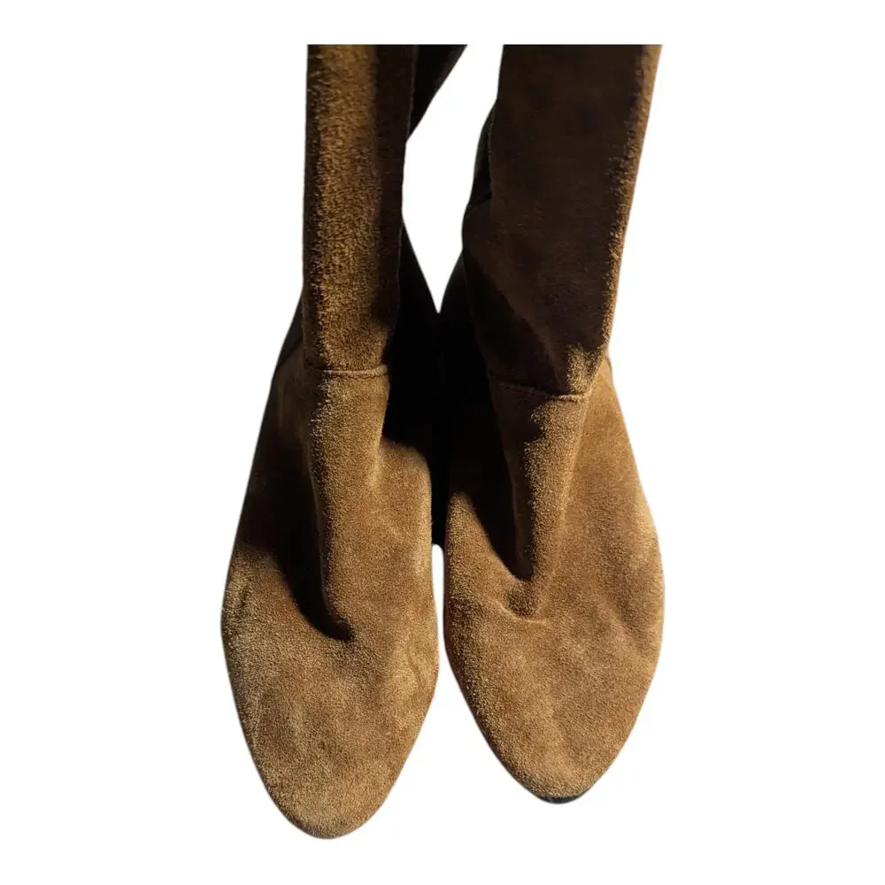 Vtg 1980s Tan Suede Knee High Pointed Toe Flat Sole Mid-Calf Boho Slouch Boots 6