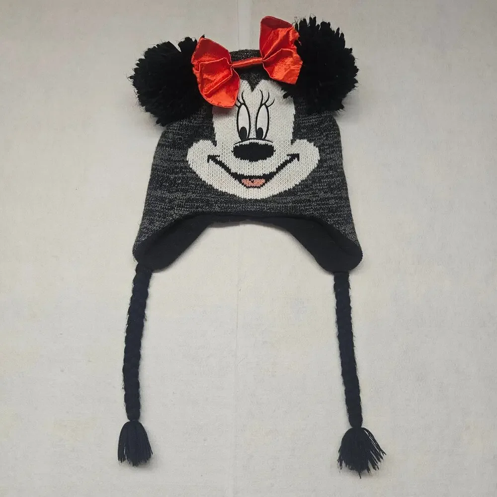 Disney Minnie Mouse Laplander Hat - Black Fleece Lined with Red Satin Bow - OS