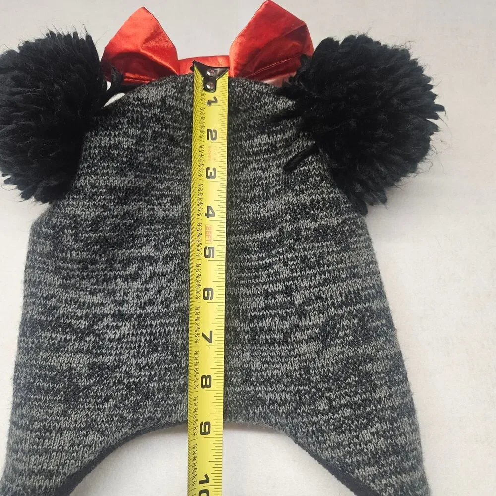 Disney Minnie Mouse Laplander Hat - Black Fleece Lined with Red Satin Bow - OS