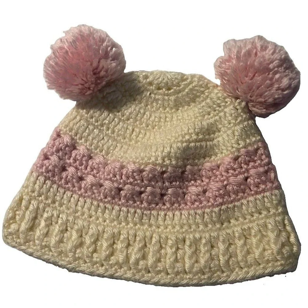 Handmade Baby Beanie Crocheted With Double Poms