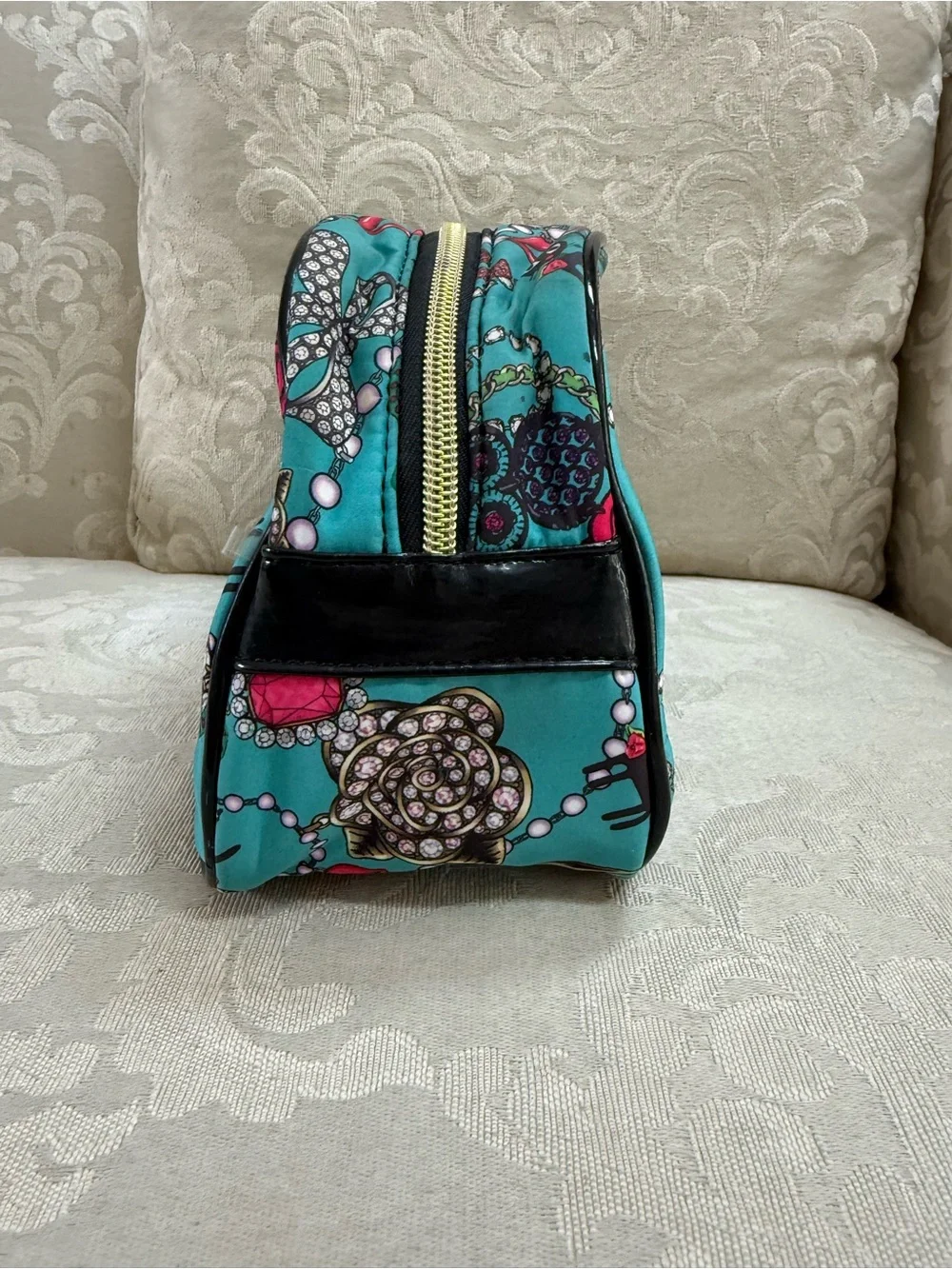 Betsey Johnson Teal Printed Cosmetic Case with Jewel & Rose Motif