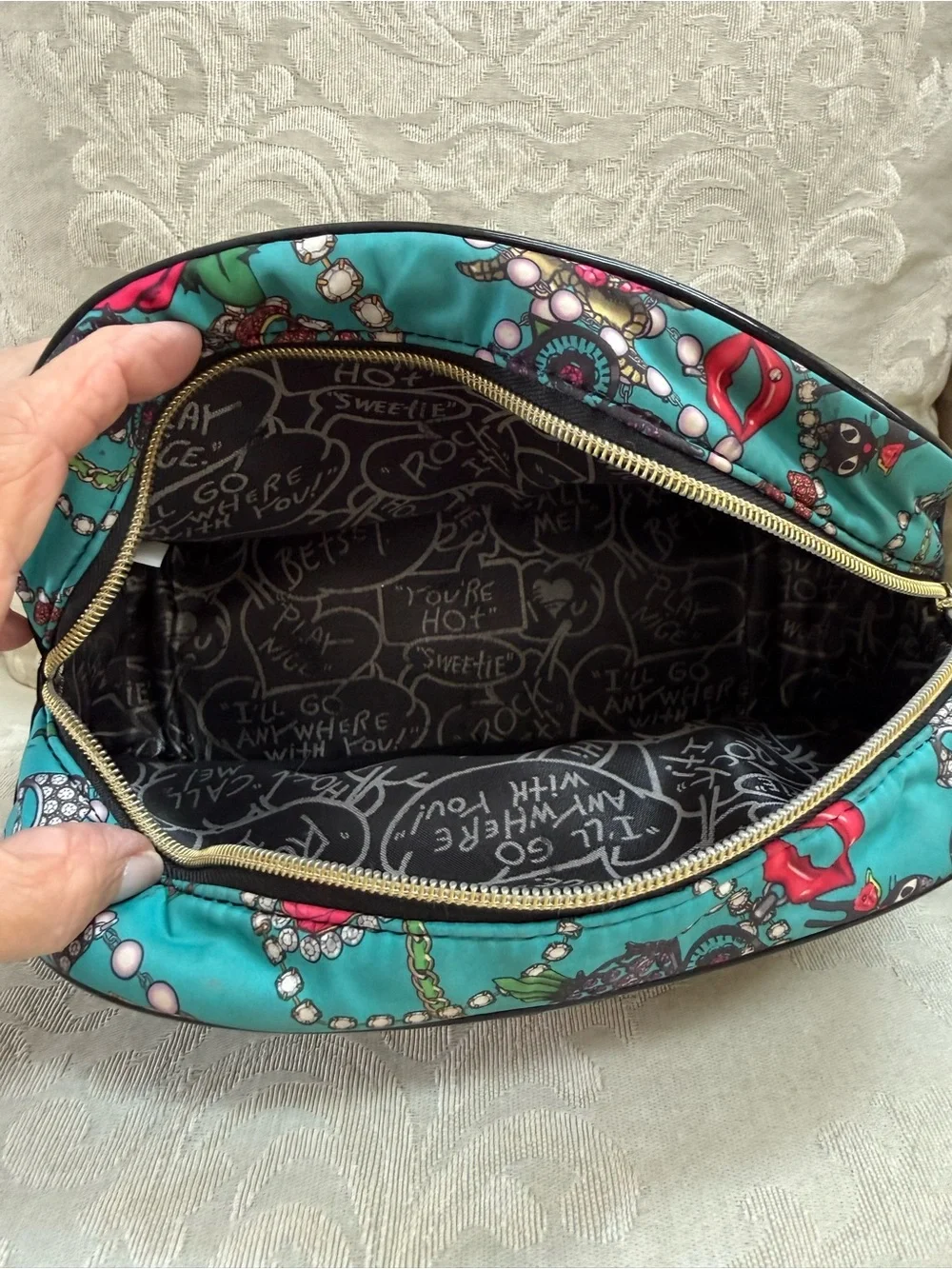 Betsey Johnson Teal Printed Cosmetic Case with Jewel & Rose Motif