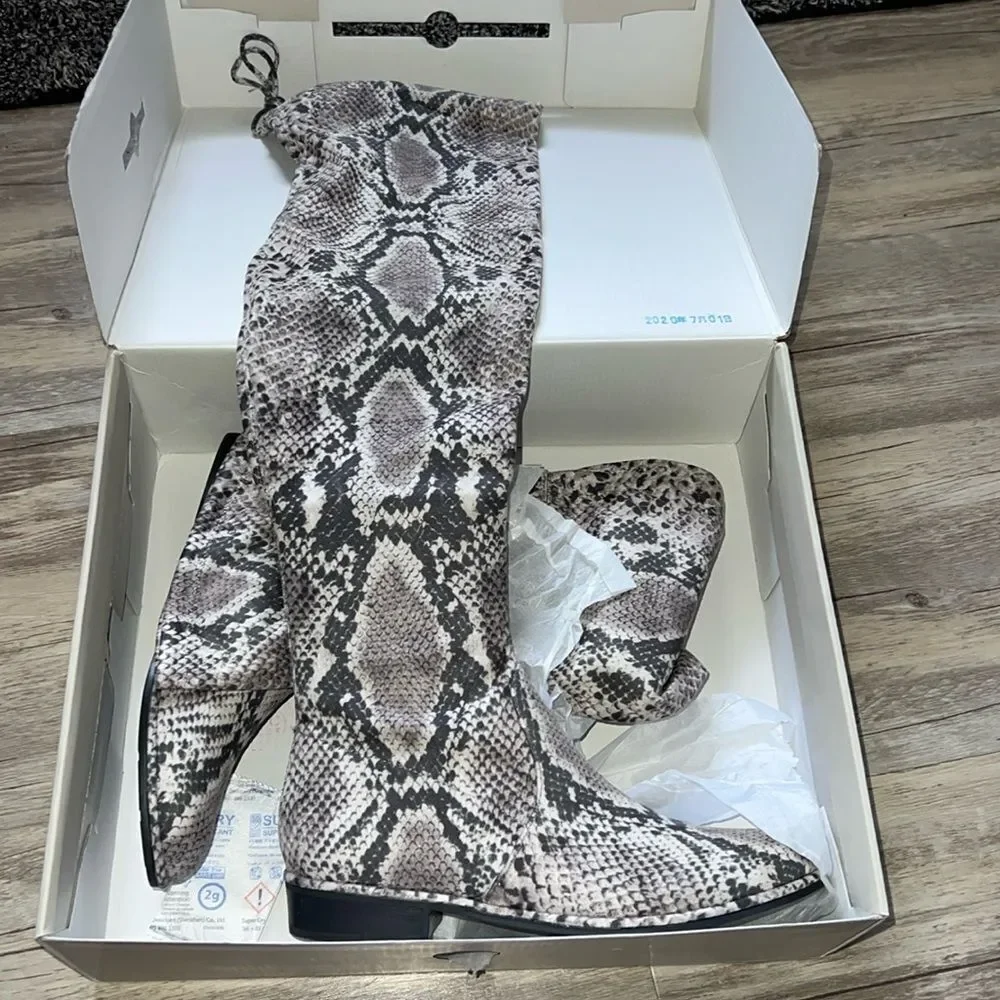 Marc Fisher Snake-Print Knee-High Boots in Black, Gray, Cream