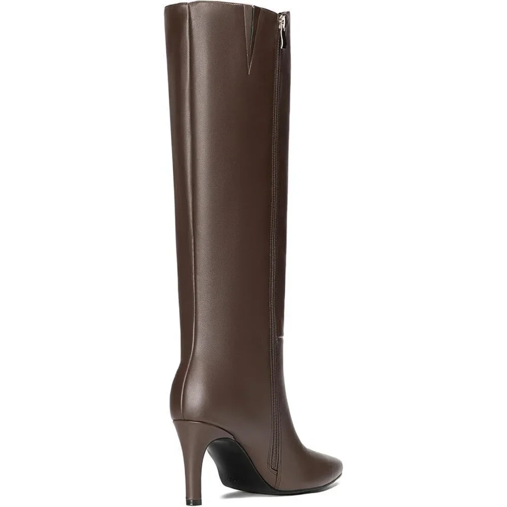 🆕Women Stiletto Brown Side Zipper Pointed Toe Knee High Dress Fashion Boots