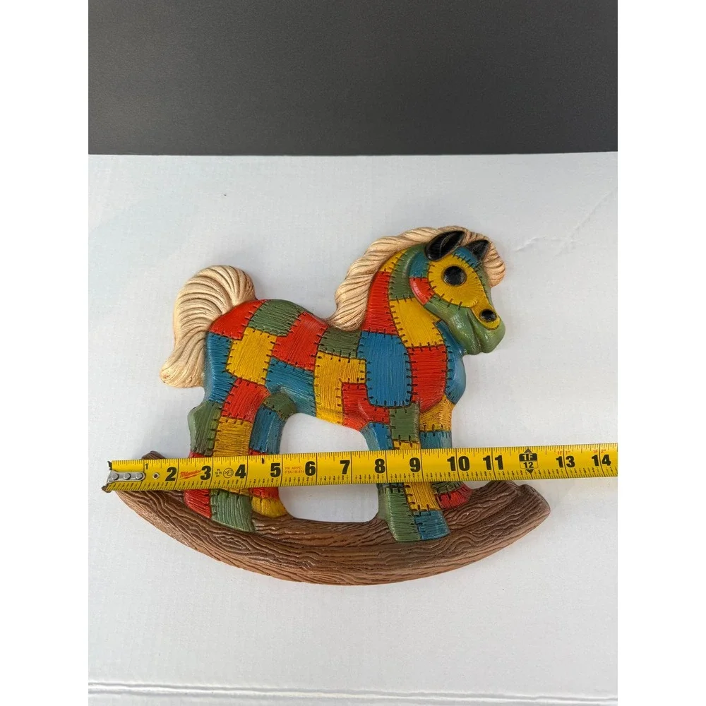 Vintage Patchwork Rocking Horse Wall Decor Plaque Colorful Nursery Art 12 Inch