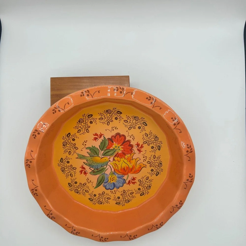 Orange Floral Bird Ceramic Scalloped Pie Plate Posy Dish Folk Art Style 10.5 In.