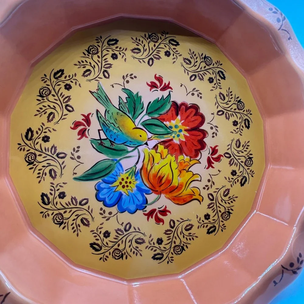 Orange Floral Bird Ceramic Scalloped Pie Plate Posy Dish Folk Art Style 10.5 In.