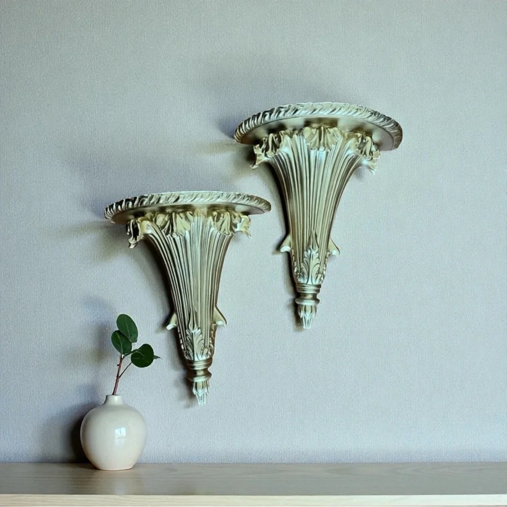 Vintage gold  flute shaped  sconces, display shelves shelf, sconces