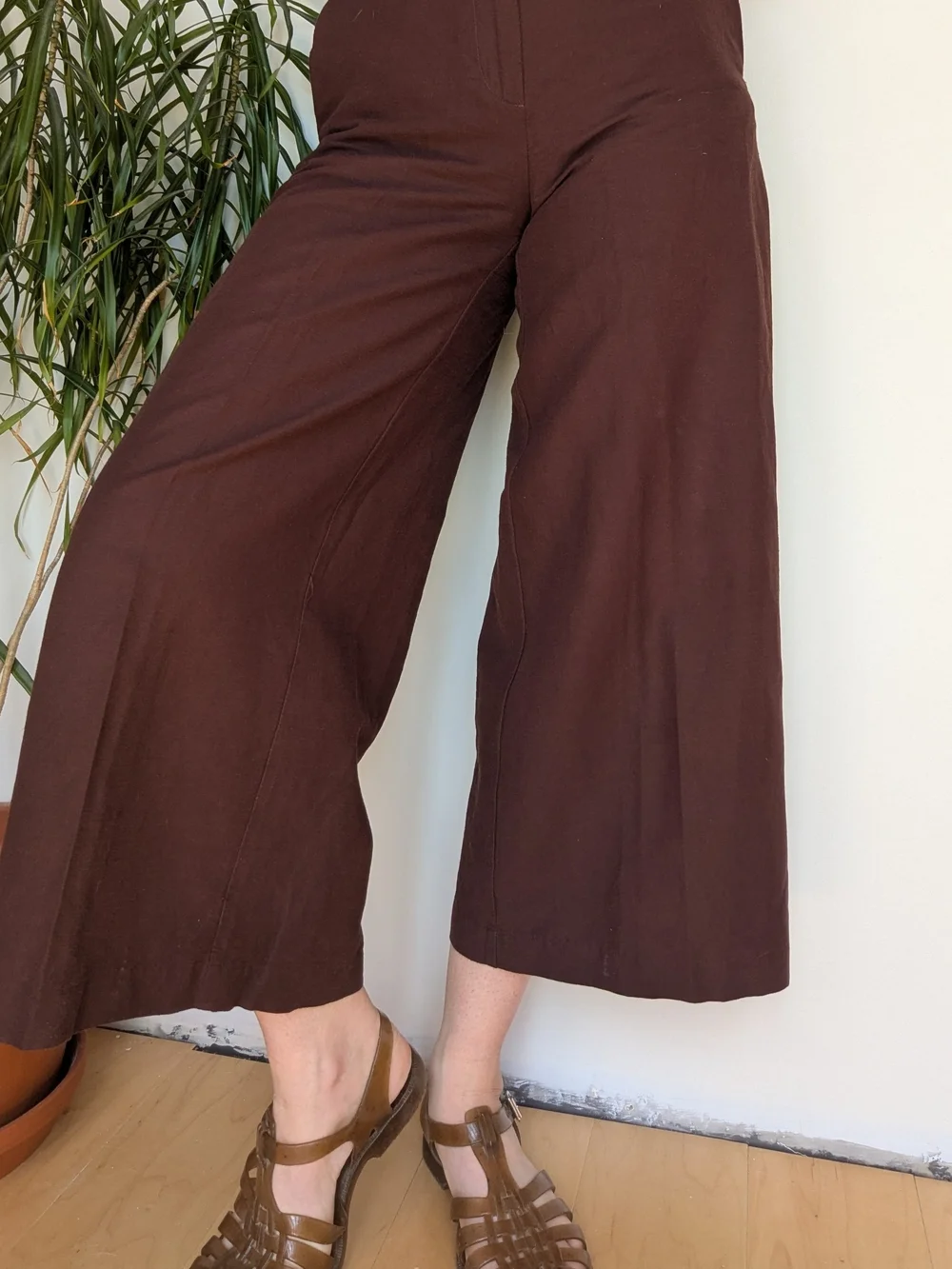 H&M Chocolate Brown Cropped Wide-Leg Linen-blend Trousers - Size 0