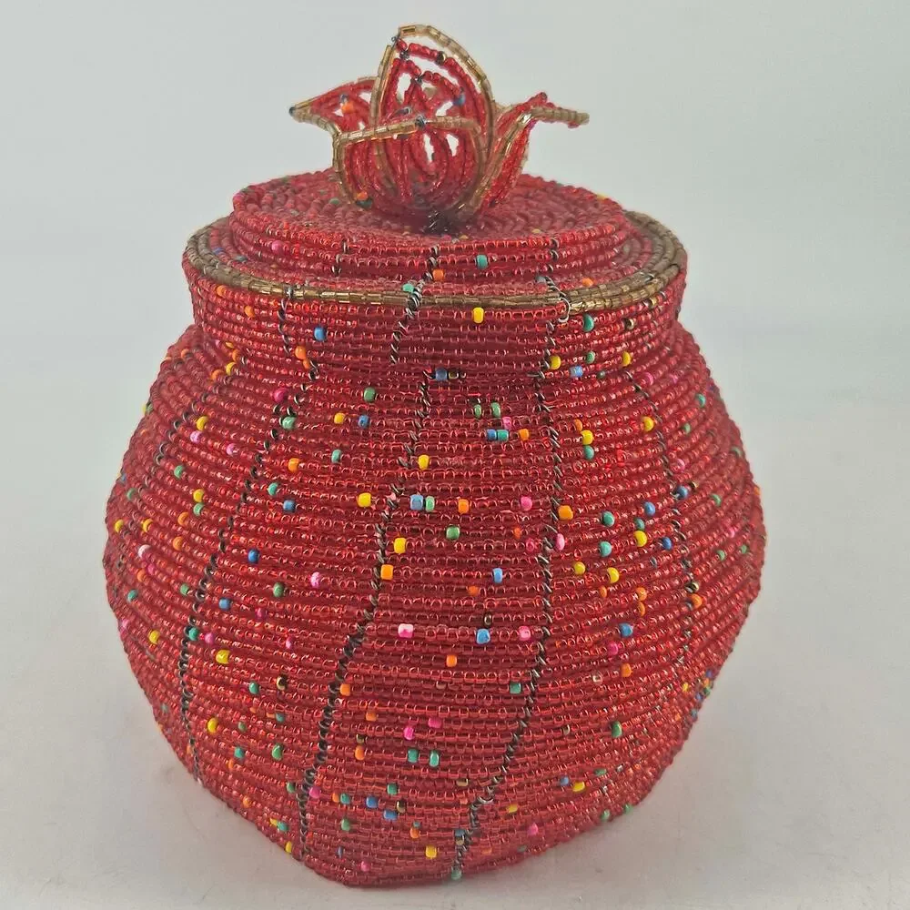 Vintage handcrafted red African beaded lidded jar trinket dish