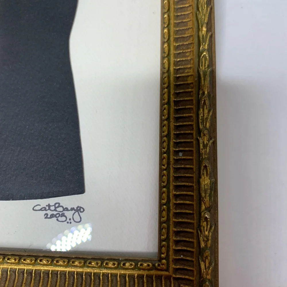 Gold Frame Little Black Dress Hanger Paper Art Collage Mini Frame Signed 8 1/2”