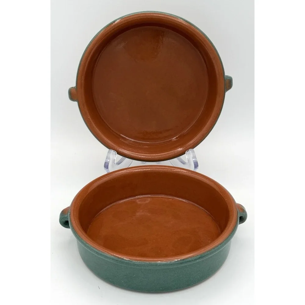 2 Peacock Teal Glazed Terracotta Casserole Dish 6