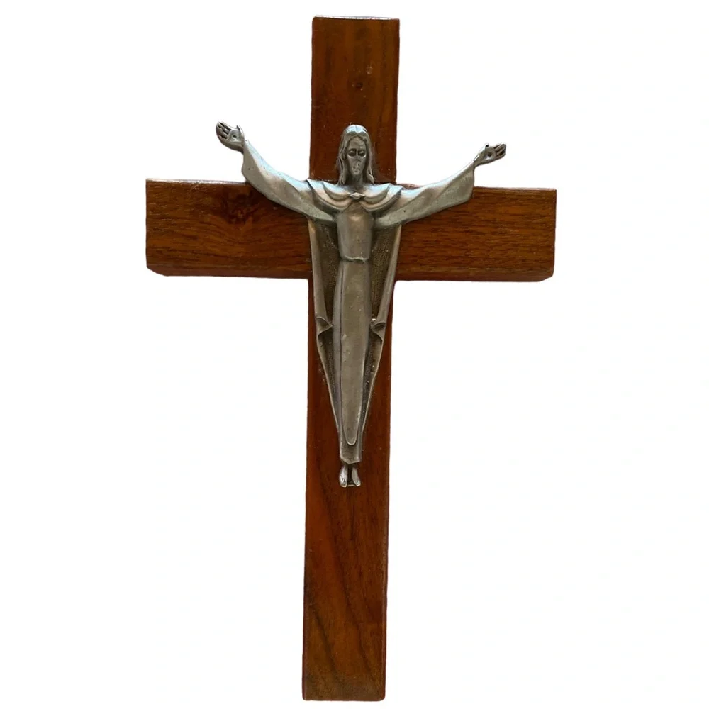 Vintage Jesus on a Wooden Cross Made with Pewter