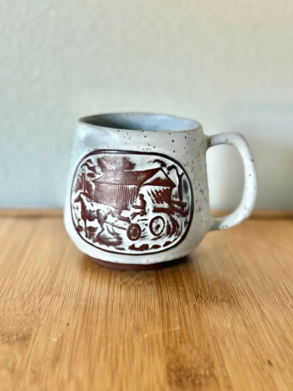 Vintage Mid Century Goss Vermont Speckled Ceramic Mug Of Covered Bridge