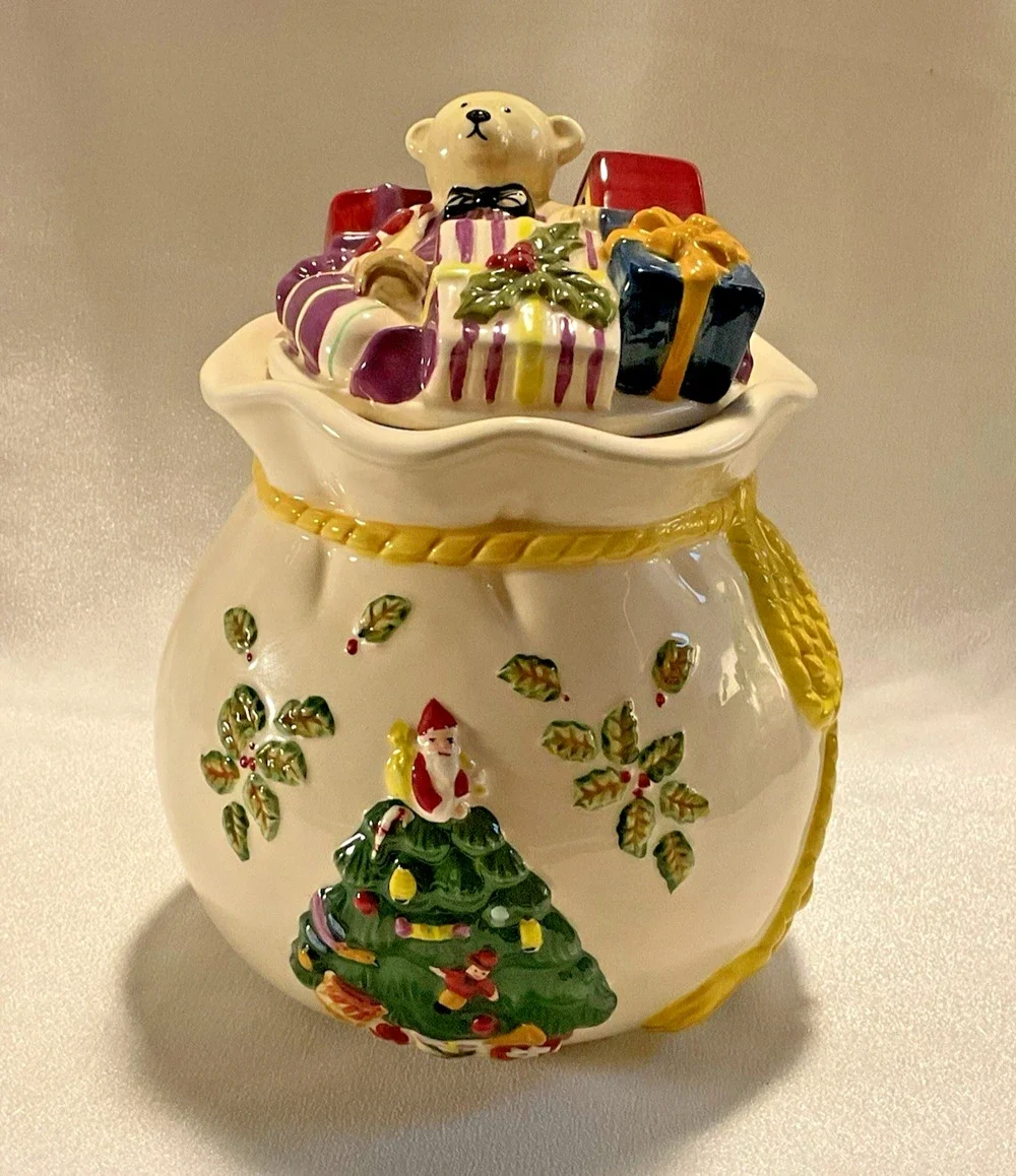 Spode Christmas Tree Teddy Bear Gifts Ceramic Cookie Candy Jar w/Lid 7
