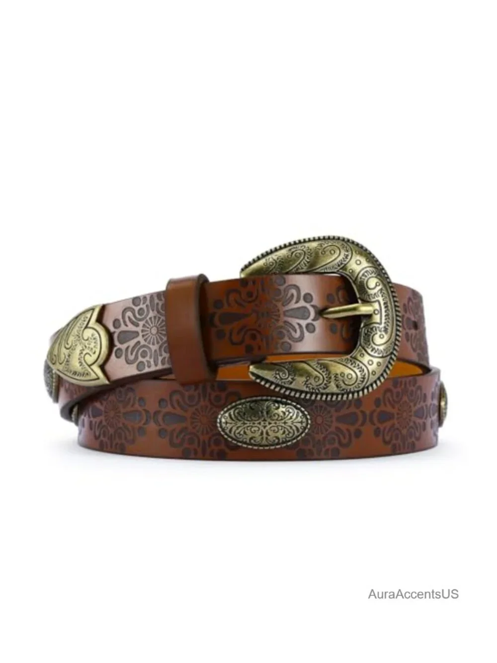 Vintage Cowgirl Engraved Belt Faux Leather Western Buckle Belts for Women