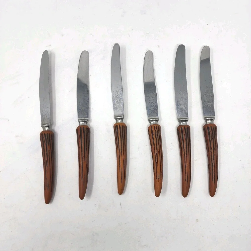 E. Parker‎ & Sons 6 Stainless Knives Sheffield England VTG Bakelite Faux Antler