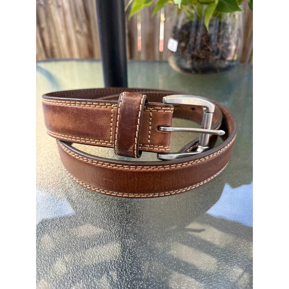 Mens Brown Genuine Leather Double Stitched Belt Size 40 Silver Buckle Distressed