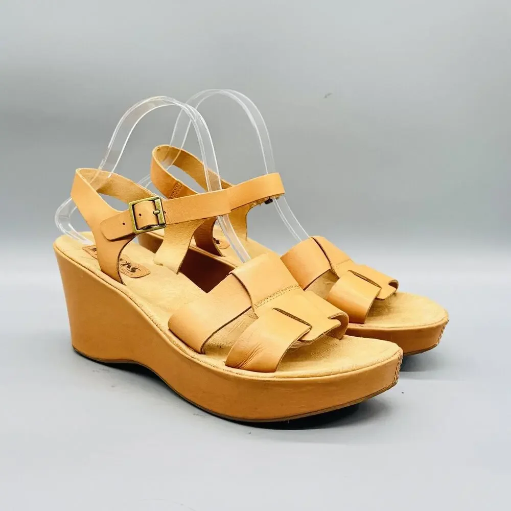 Korks Sandals Womens 10 Brown Leather Strappy Ankle Strap Platform Wedge Shoes