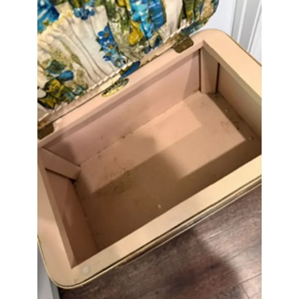 Mid-Century Style Brown Wood Storage Ottoman with Gold Accents