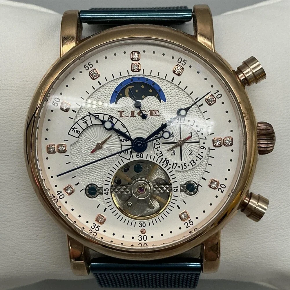 Lige Mens Watch 44mm White Dial Blue Mesh Automatic Skeleton Moon Phase