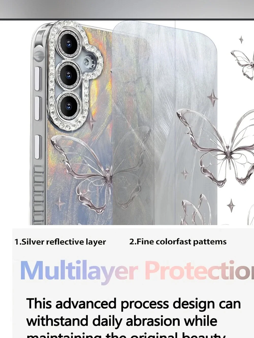 Butterfly Glitter Phone Case - for Samsung 25+  Silver Butterflies