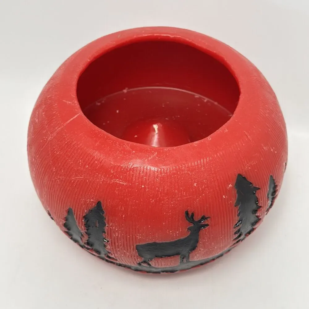 Carved Red Wax Lantern Luminary Bowl Rustic Winter Forest Stag Candle Holder