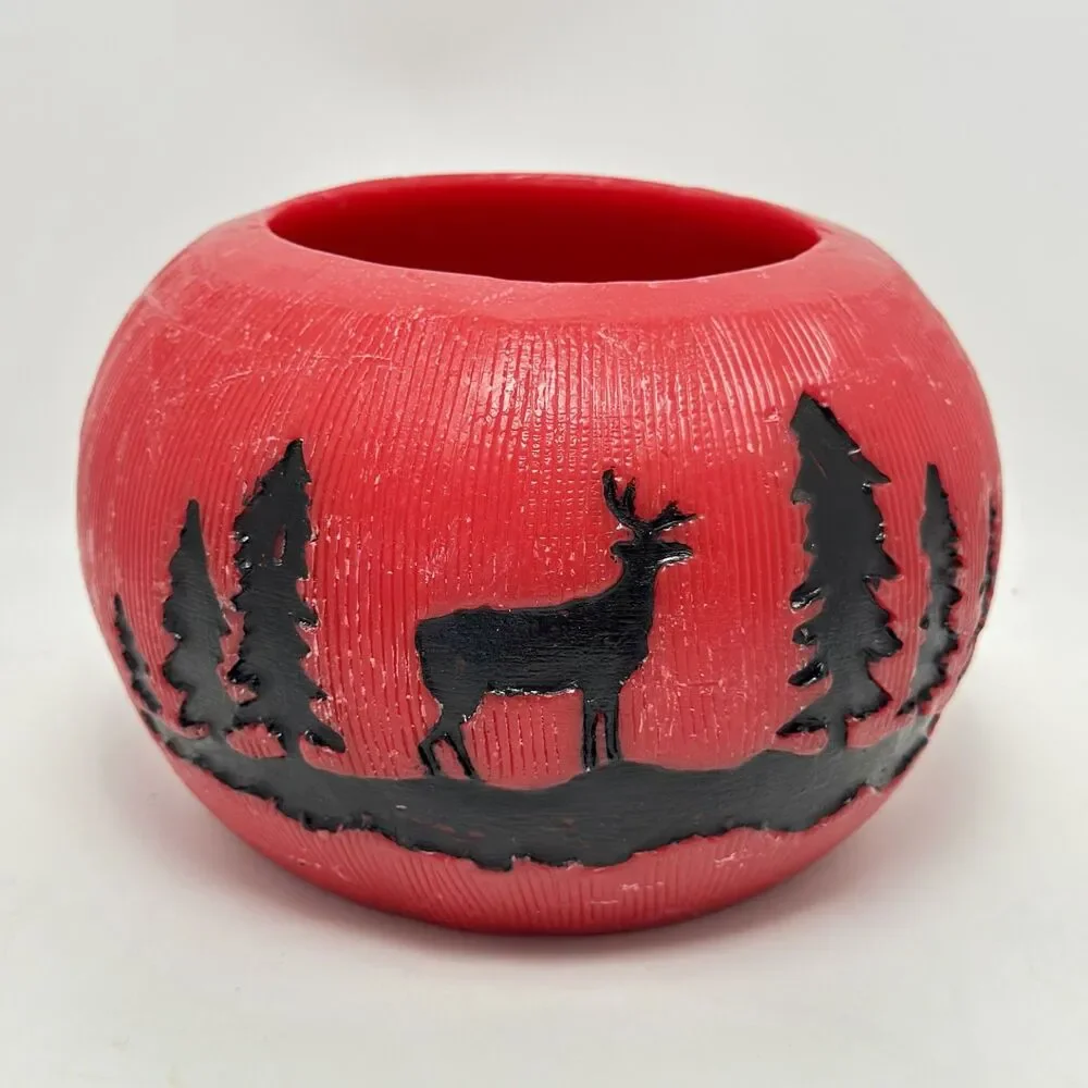 Carved Red Wax Lantern Luminary Bowl Rustic Winter Forest Stag Candle Holder