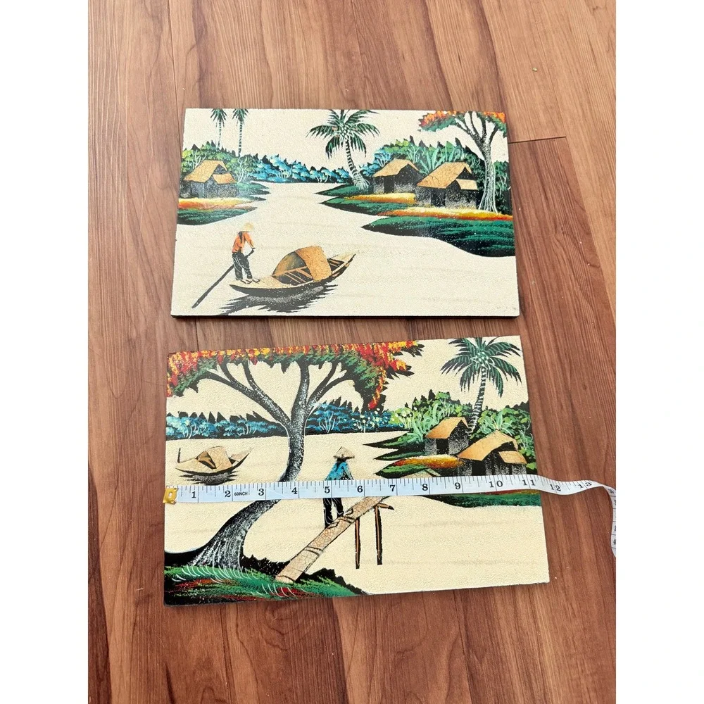 Vintage Vietnamese Lacquer Wood‎ Wall Art Set 2 River Landscape Village Scenes