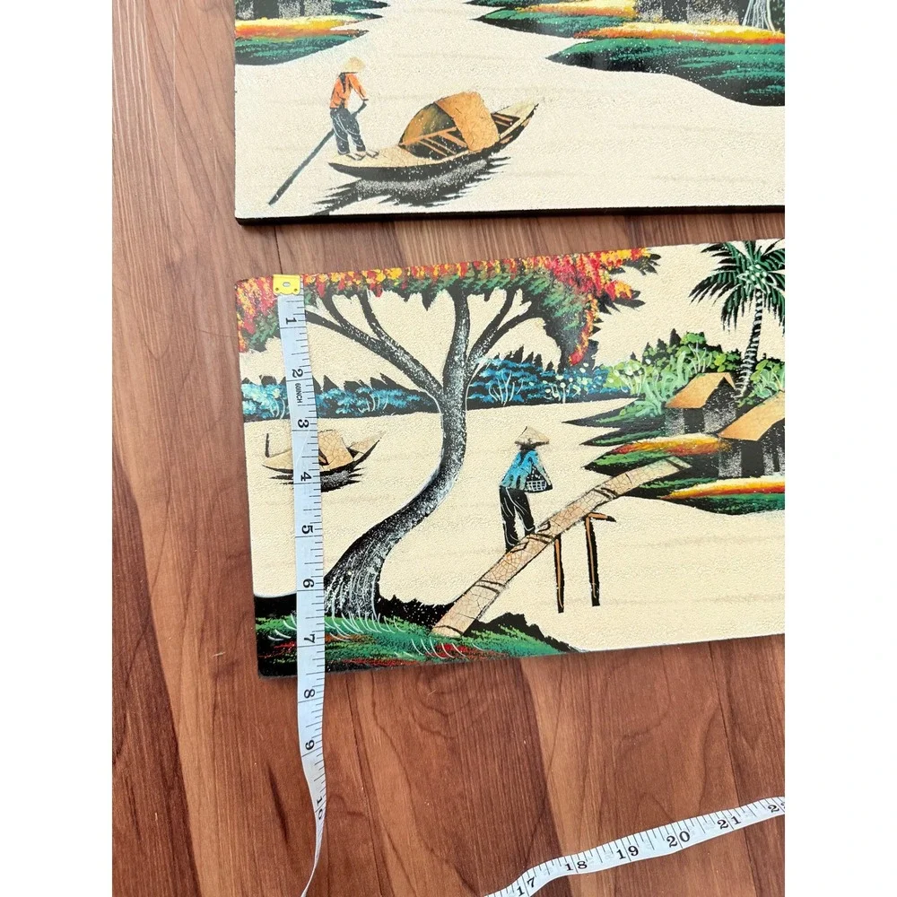 Vintage Vietnamese Lacquer Wood‎ Wall Art Set 2 River Landscape Village Scenes