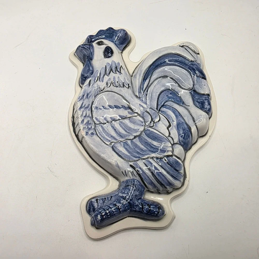Joni 15 Handcrafted Ceramic Rooster Dual Spoon Rest Blue White Farmhouse Decor