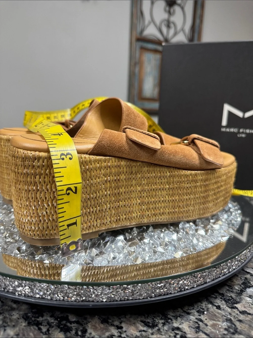 Marc Fisher Palery leather Suede Tan Platform Slide Sandals Buckles Woven sole