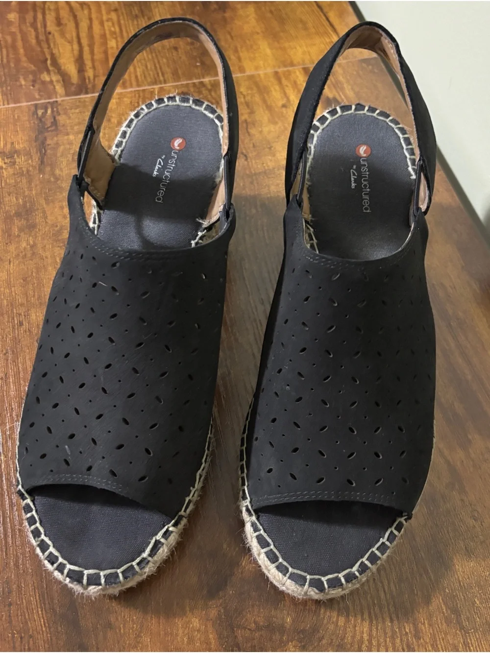 Clarks Black Perforated Espadrille Slingback Wedge