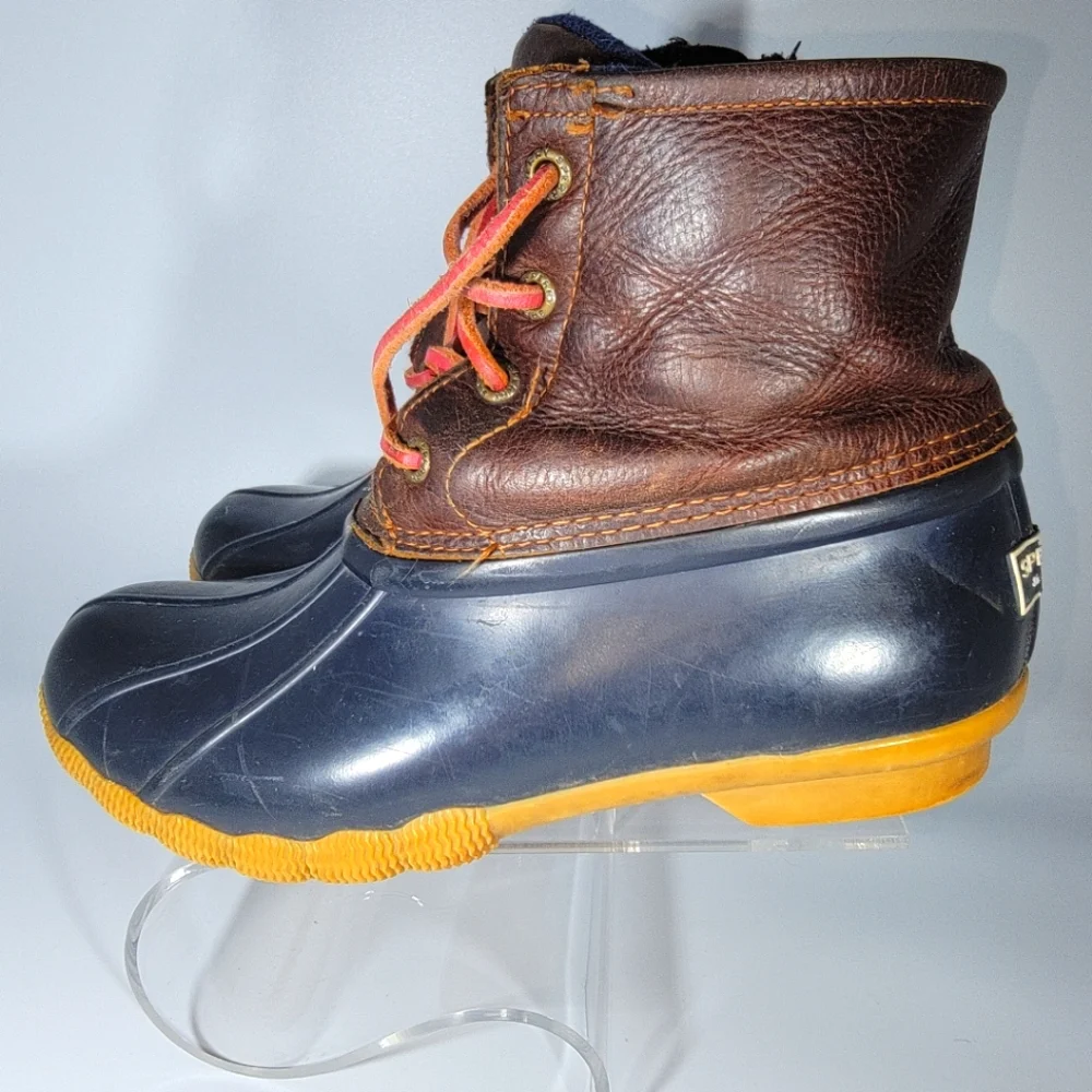 Sperry Saltwater Duck Boots Blue Brown Size 5.5 Leather Uppers Side Zip