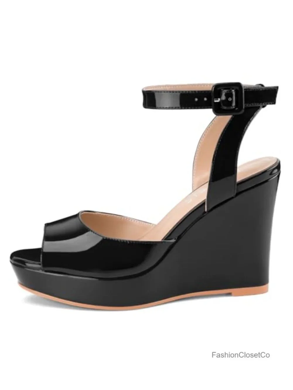 Women's Platform Wedge Sandals Patent Leather Peep Toe Ankle Strap Heels