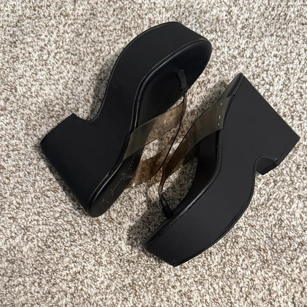 Jessica Simpson Black Platform Thong Sandals with Smoke Vinyl Straps