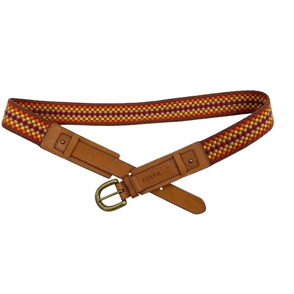 Fossil check plaid woven leather belt Size‎ M boho artsy festival western