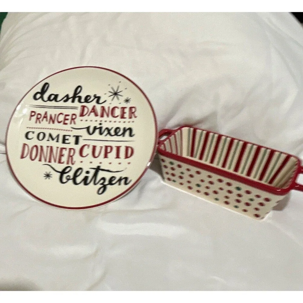 Holiday Home Plate with Reindeer Names and Holiday Times Mini Loaf Pan Red Green