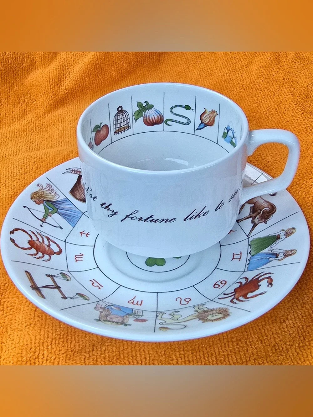 Vintage Royal Kendal Taltos Fortune Teller Tea Leaf Cup & Saucer Zodiac