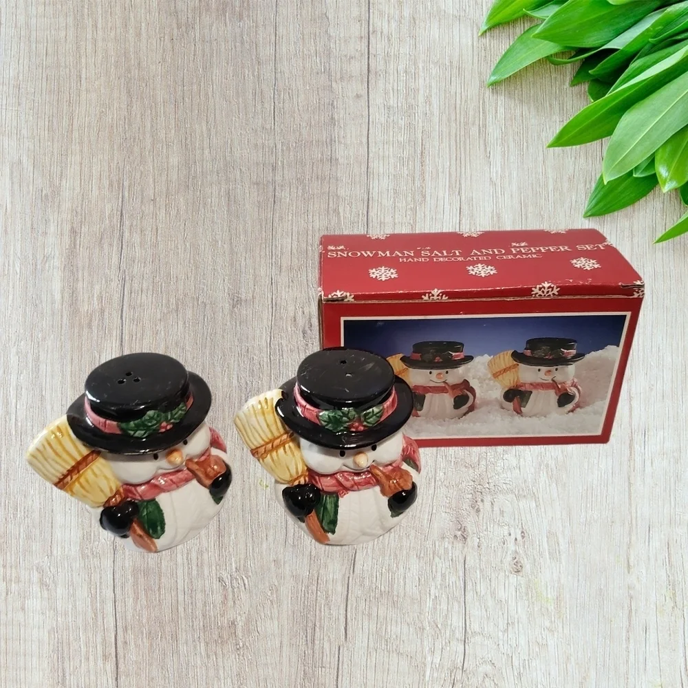 Vintage christmas holiday snowmen with broom salt & pepper shakers 