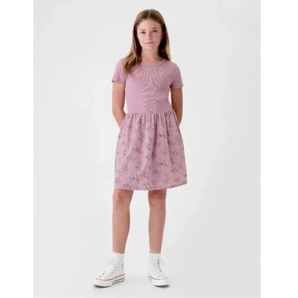 Gap Kids Girls Lilac Purple Short Sleeve Floral Print Skater Dress M