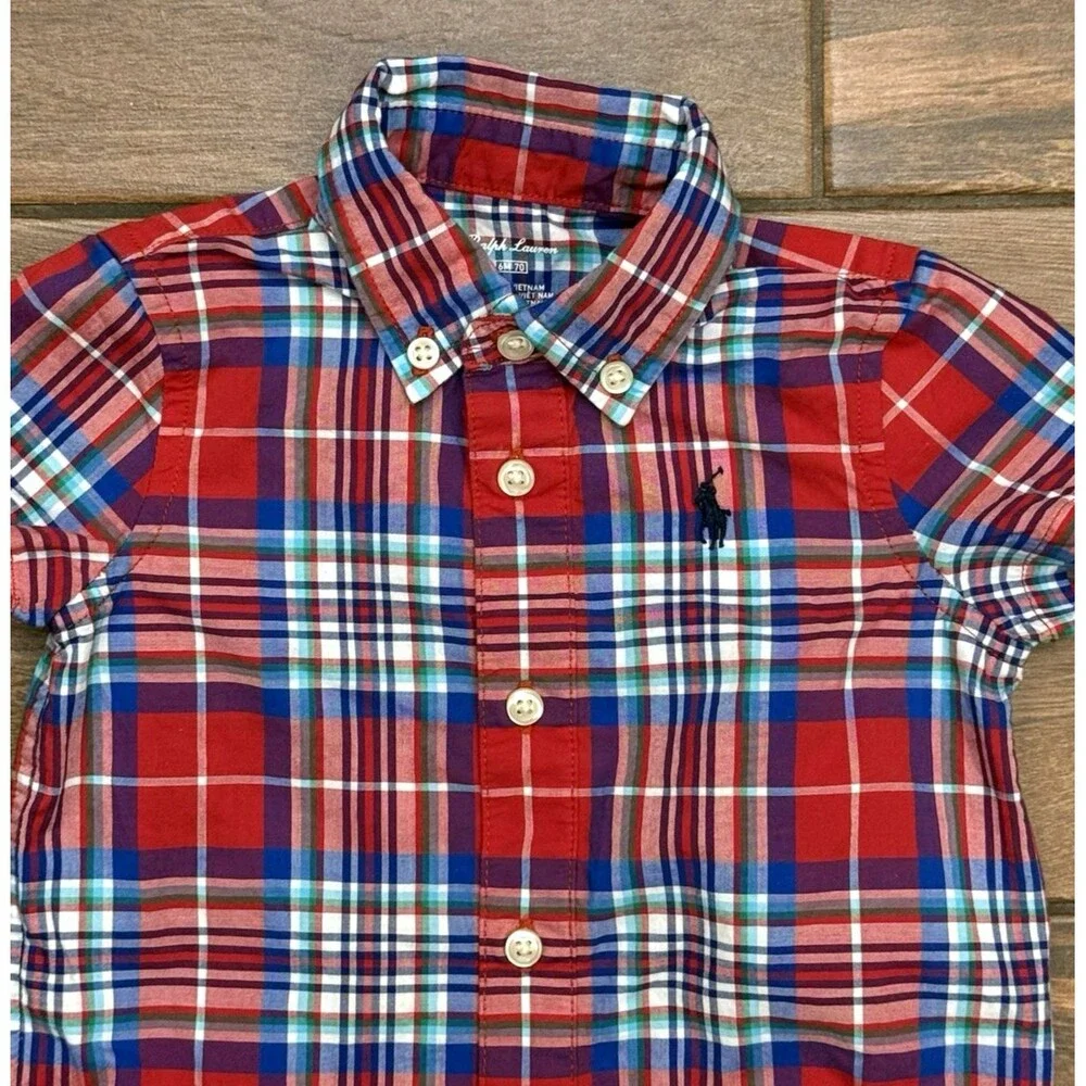 Polo Ralph Lauren Baby Boy 6M Short Romper Red Blue Plaid Patriotic USA