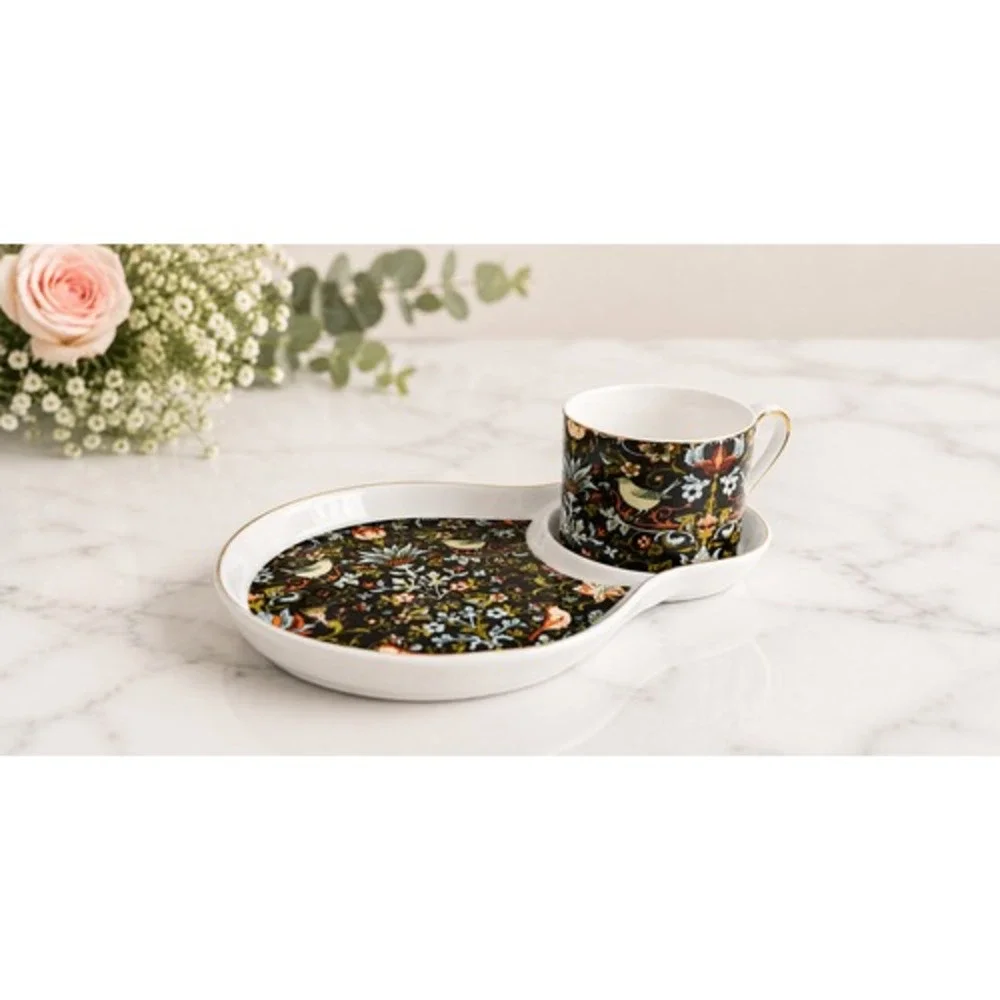 Grace Teaware Midnight Garden Tea Cup Snack Set Black Floral Bird Porcelain