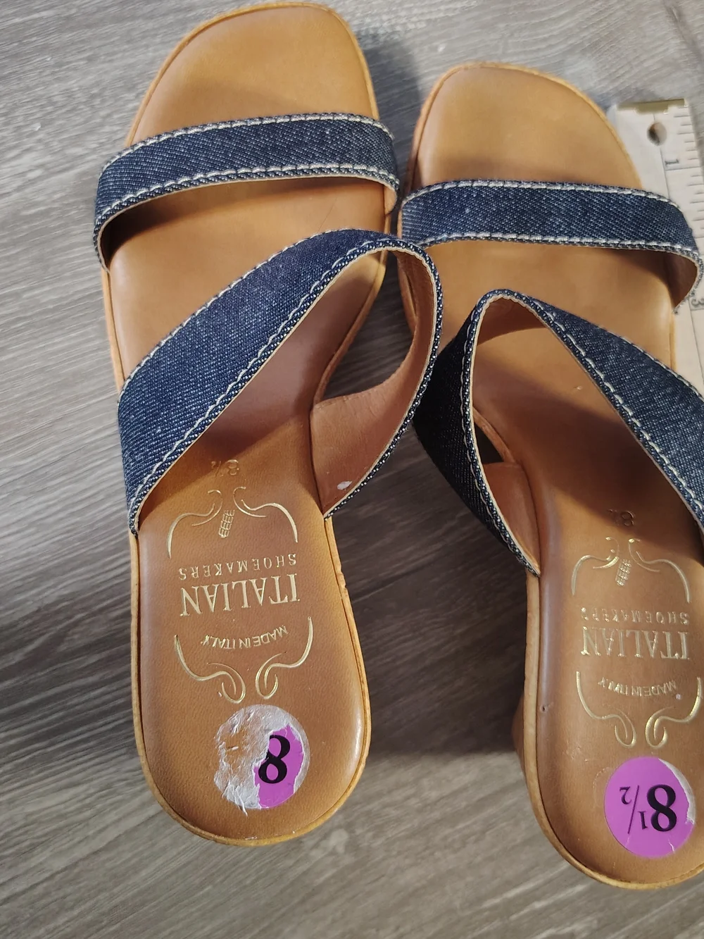 The Y2K Italian Shoemakers Women's Slip-On Wedge Sandal in Denim/Tan Faux Leathe