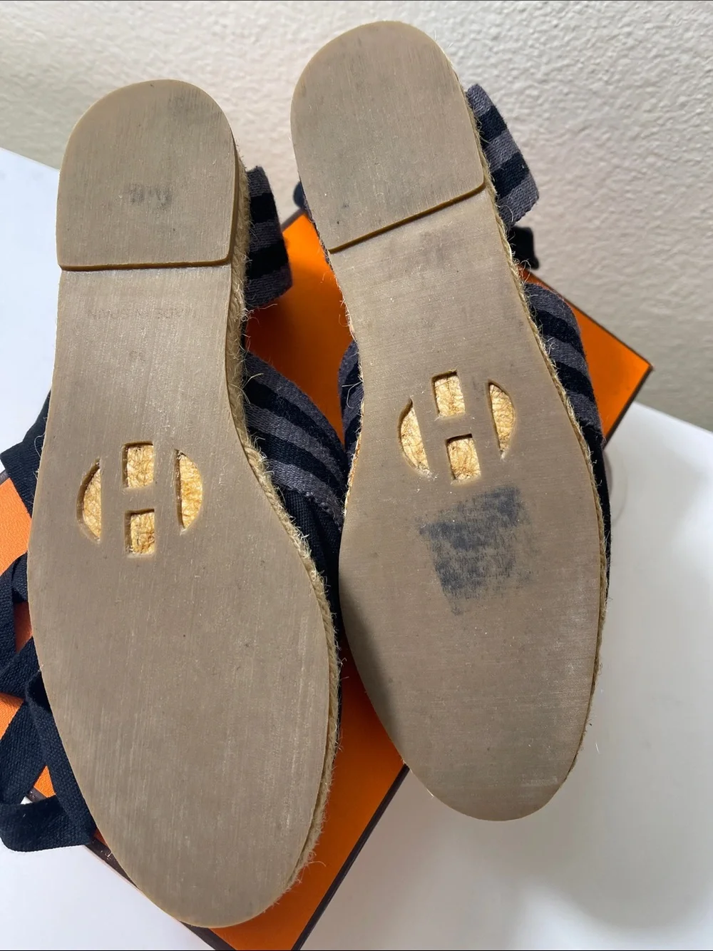 Hermes Black Canvas  Espadrilles with Gray Stripes