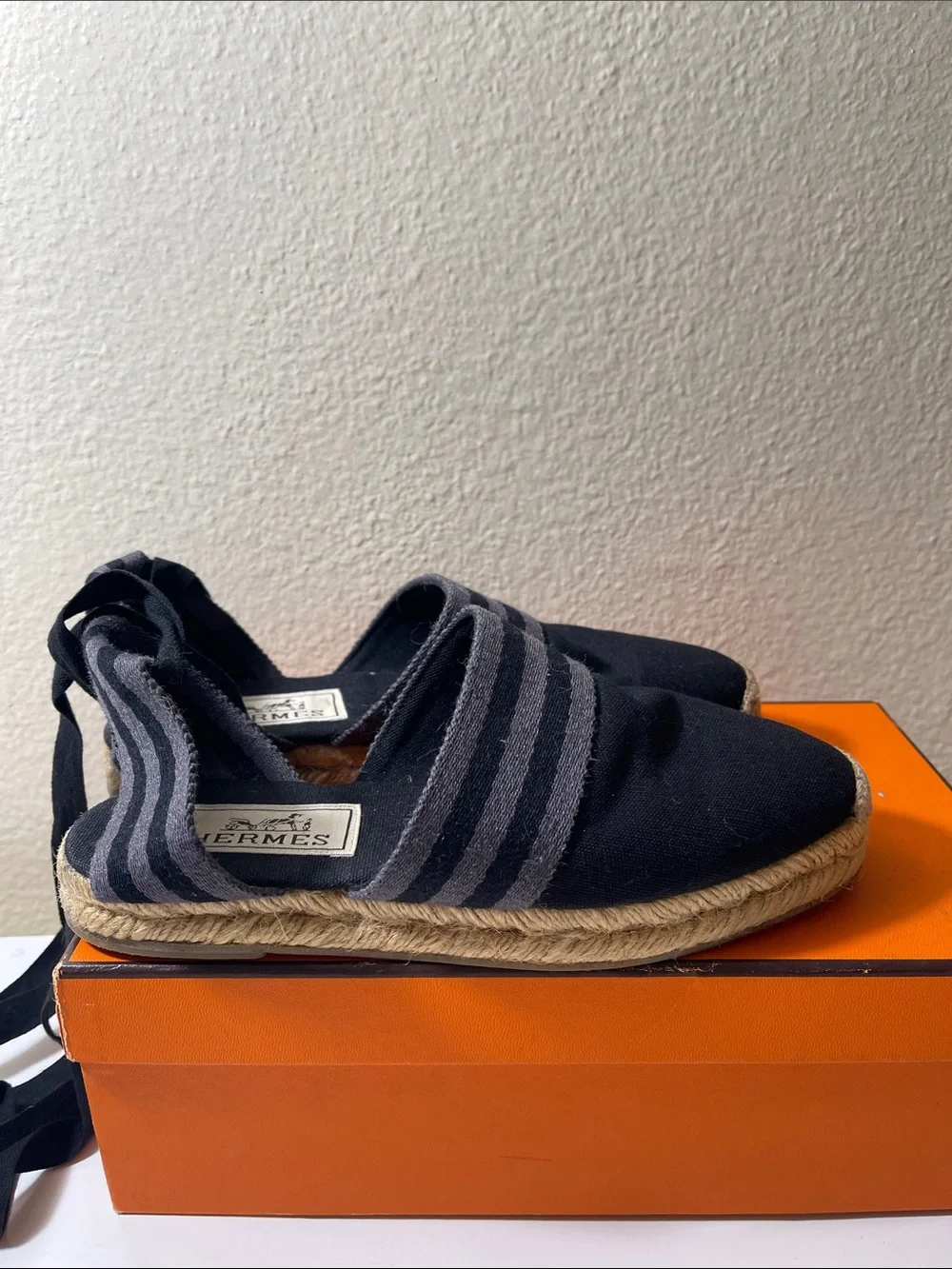 Hermes Black Canvas  Espadrilles with Gray Stripes