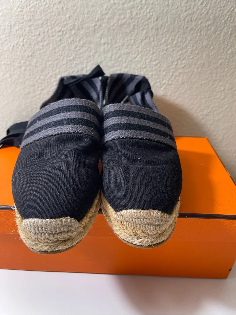 Hermes Black Canvas  Espadrilles with Gray Stripes