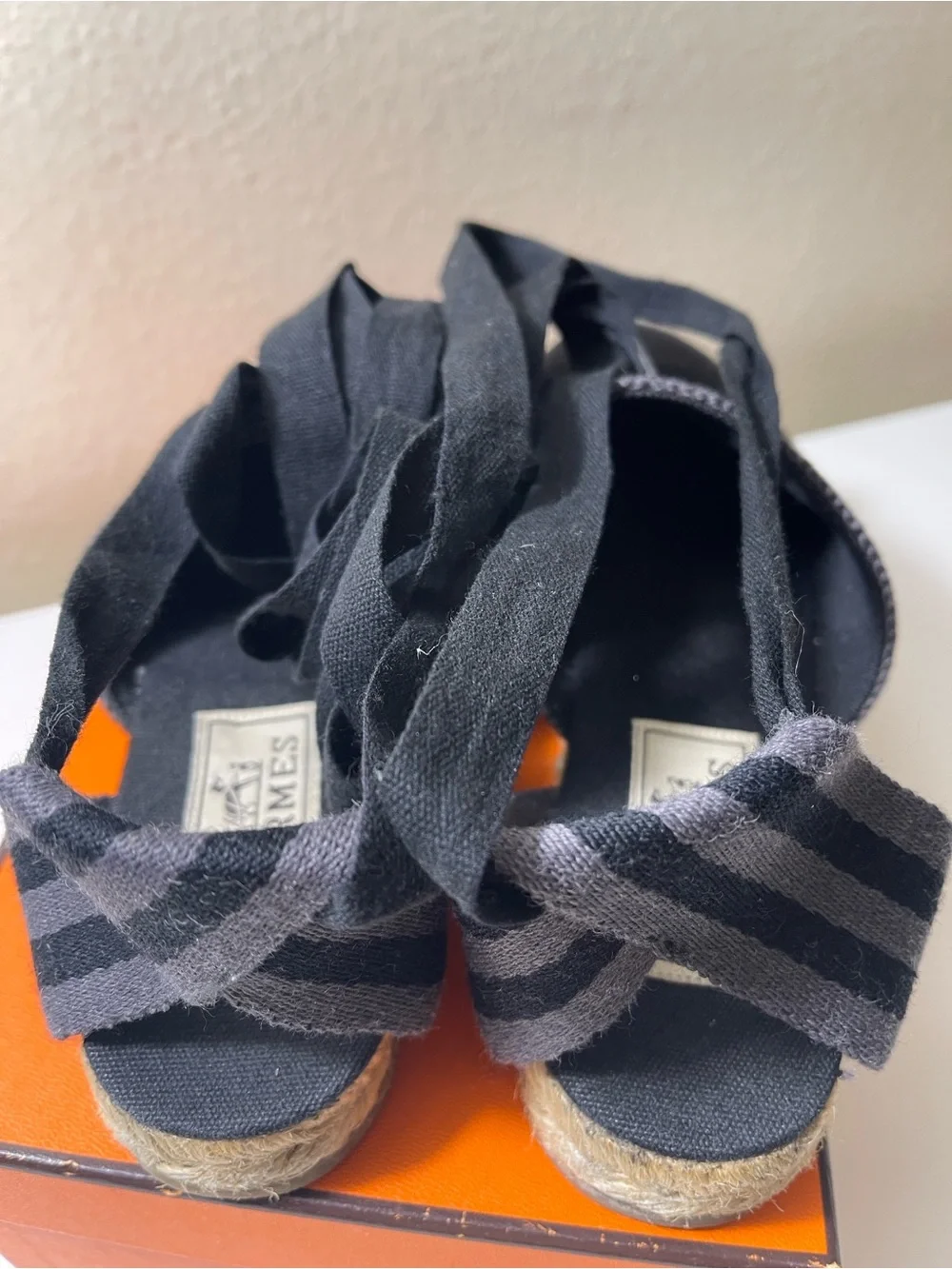 Hermes Black Canvas  Espadrilles with Gray Stripes