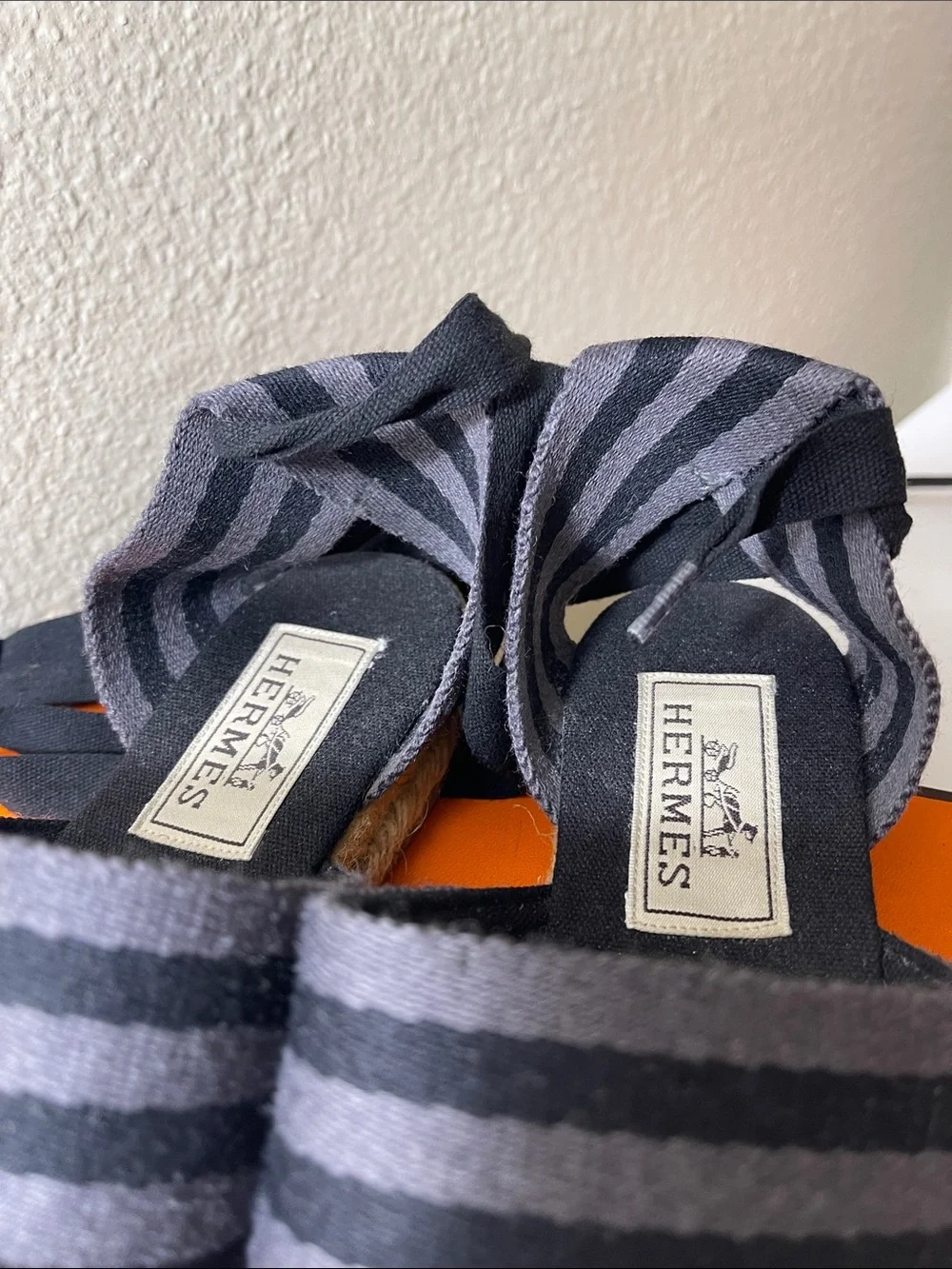 Hermes Black Canvas  Espadrilles with Gray Stripes